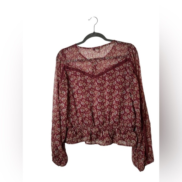 American Eagle Sheer Floral Blouse Large Burgundy Long Sleeve Boho Peasant Top - Picture 7 of 9